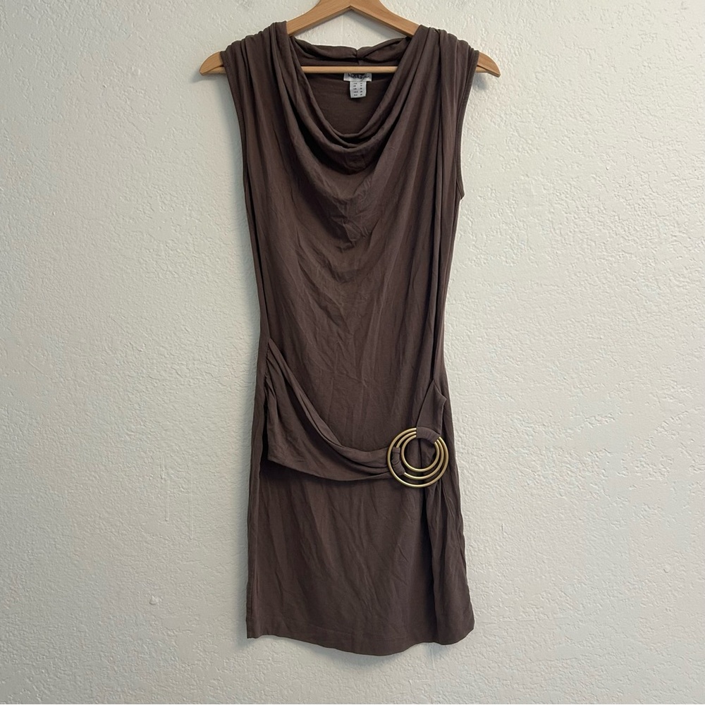 Brown Draped Cowl‎ Neck Dress Buckle Detail Minimalist Size S
